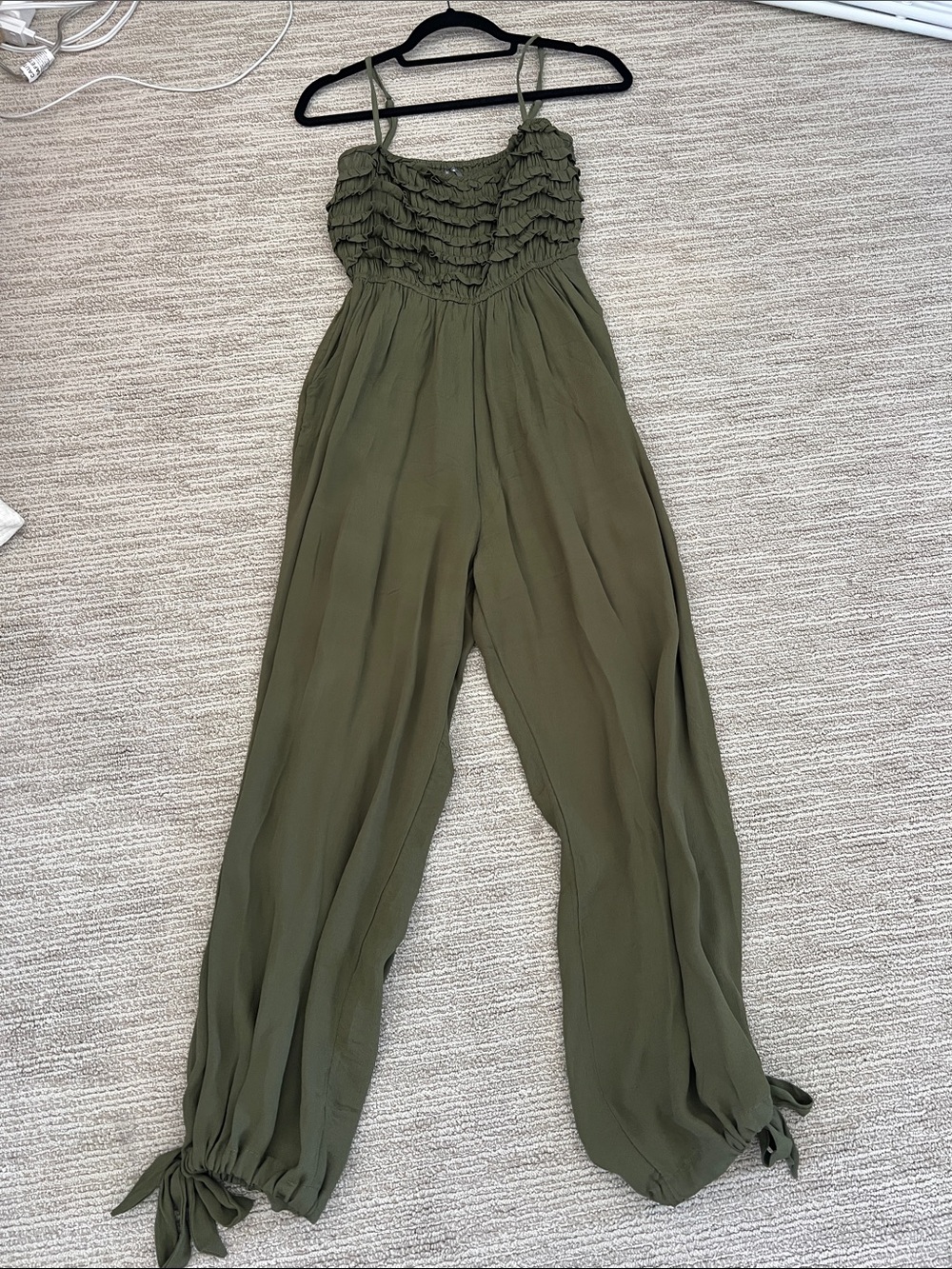 Anthropologie Olive Green Smocked Wide-Leg Jumpsuit with Ankle Ties